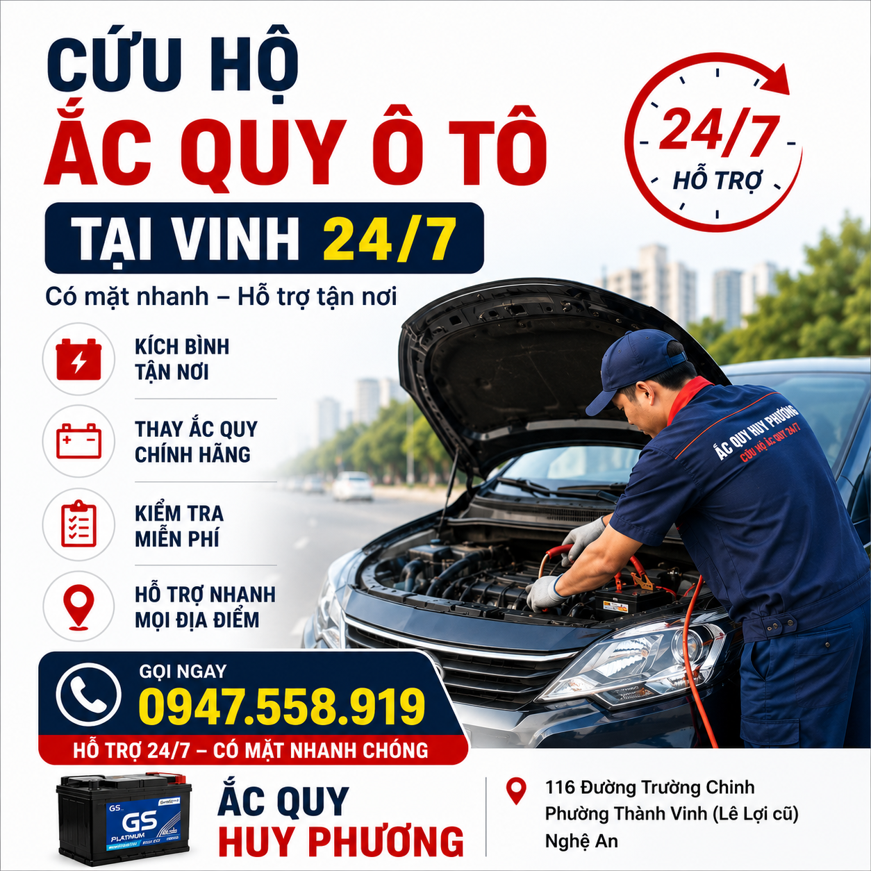 Cứu Hộ Ắc Quy Ô Tô Tại Vinh 24/7 – Có Mặt Nhanh, Hỗ Trợ Tận Nơi